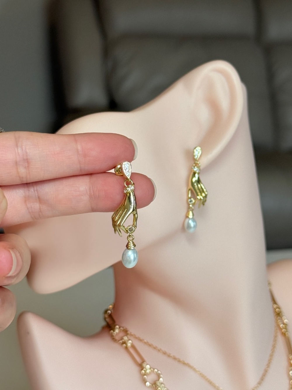 Gold Hand Pearl Drop Earrings - Picture 5 of 13